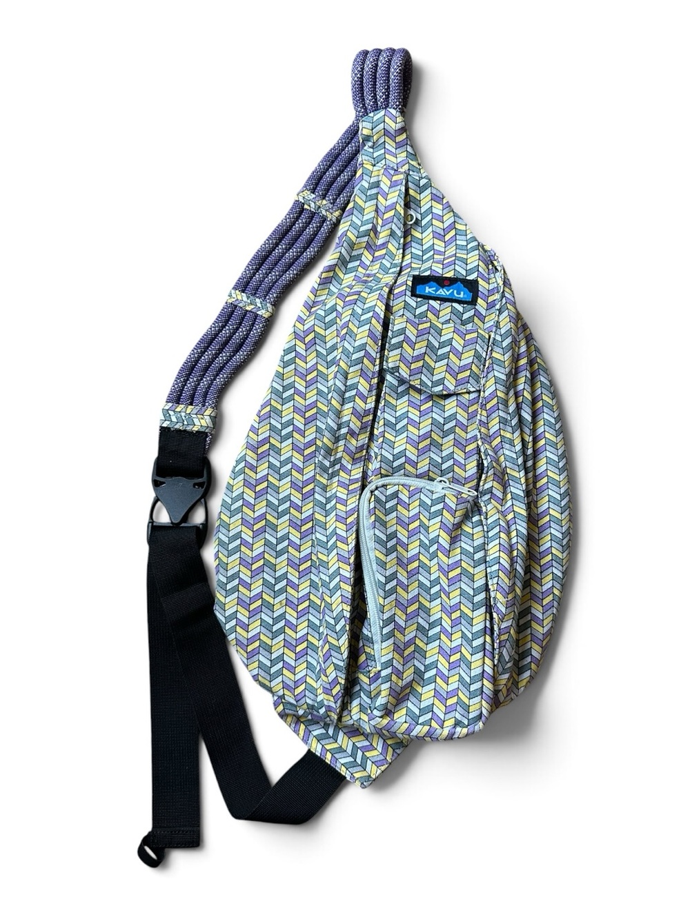 Kavu Rope Bag in Itty Bitty Chevron-Print Purple, Yellow, Gray and White